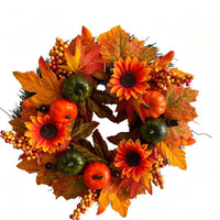 Autumn Harvest Sunflower Pumpkin Maple Leaf Wreath for Halloween & Thanksgiving Door Decor