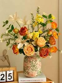 Artificial Orange Rose Bouquet with Ceramic Vase for Home and Hotel Decor