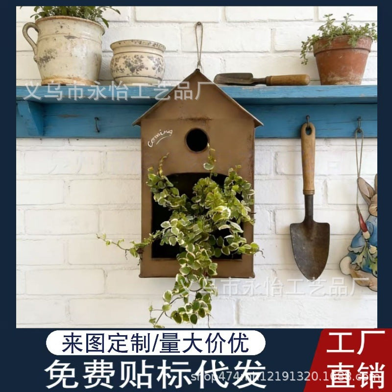 Vintage Iron Birdhouse Wall-Mounted Planter & Wild Bird Feeder