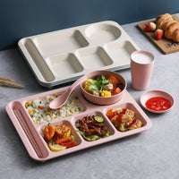 Wheat Straw 5-Compartment Divided Dinner Plate Set with Bowl, Chopsticks, and Spoon for Students and Restaurants