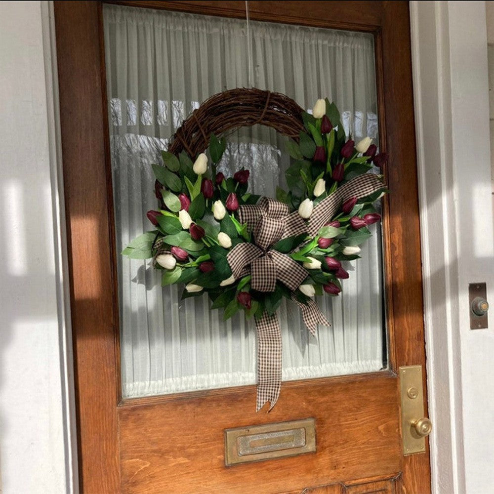Artificial Tulip Wreath for Front Door Decor, Spring Floral Garland for All Seasons
