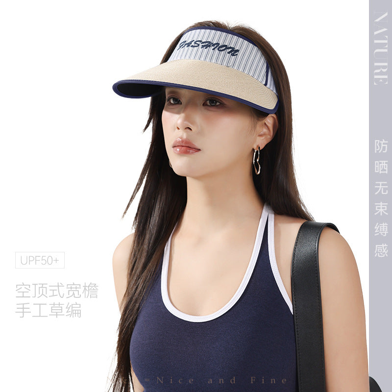 Women's Striped Wide-Brim Straw Visor for Summer Outdoor UV Protection
