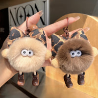Cute Leopard Print Bowknot Rabbit Fur Pom-Pom Car Keychain Bag Charm Gift