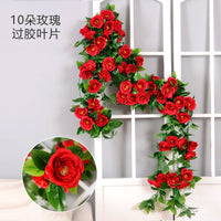 Artificial Rose Vine Garland with Rubberized Leaves for Home Decor and Pipe Concealment