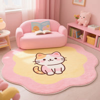 Cartoon Cat Round Faux Cashmere Area Rug for Kids' Room and Living Room, Non-Slip Floor Mat