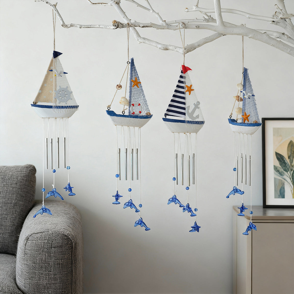 Nautical Wooden Sailboat Wind Chime Home Decor