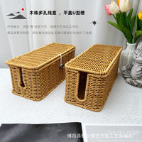Pastoral Style Rattan Weave Power Strip Storage Box Data Cable Organizer Basket for Desktop Bedroom