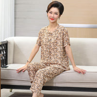 Women's Viscose Pajama Set Short Sleeve Top Long Pants Floral Print Button-Down Loungewear for Middle-Aged Mothers