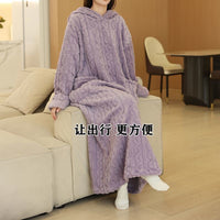 Women's Hooded Coral Fleece Robe Set Warm Jacquard Loungewear for Autumn/Winter