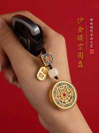 Vintage Gold Fortune Charm Car Keychain Pendant with God of Wealth and Peace Amulet