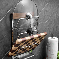Walnut Wood & 304 Stainless Steel Wall-Mounted Pot Lid Holder with Drip Tray, No-Drill Kitchen Organizer for Cutting Boards