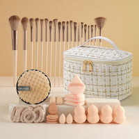 44-Piece Beige Makeup Brush and Sponge Set with Portable Toiletry Bag