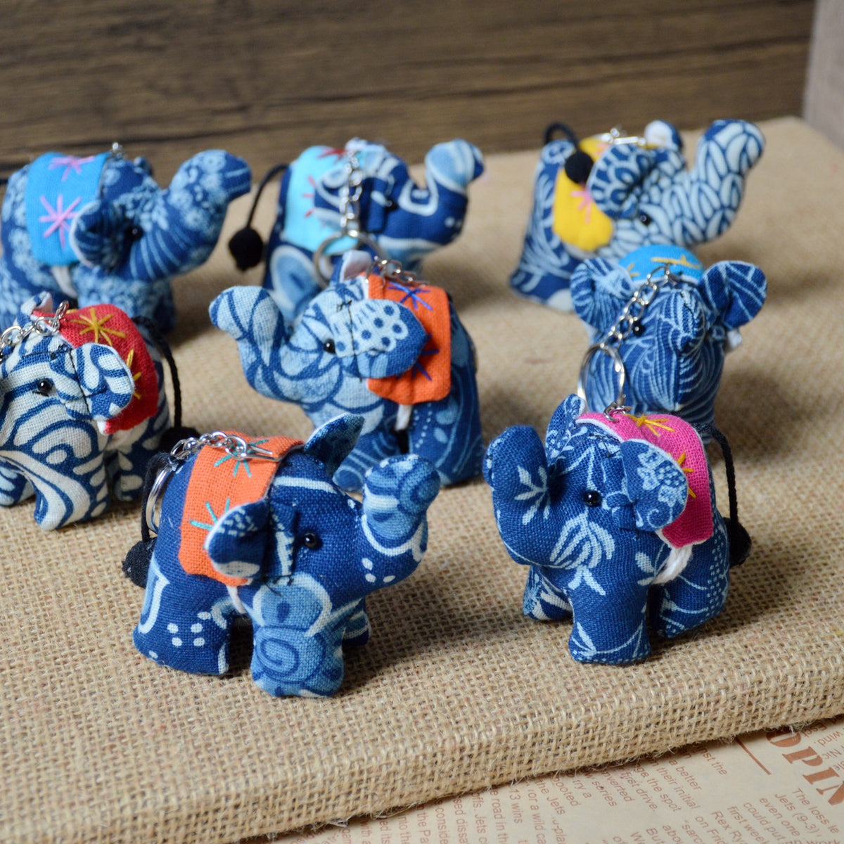 Handmade Tie-Dye Elephant Keychain from Yunnan Xishuangbanna, Thai Style Fabric Elephant Charm