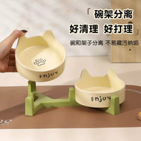Ceramic Cat Bowl with Wooden Stand, Elevated Pet Food and Water Dish for Cats and Small Dogs, Tilted Anti-Vomit Design