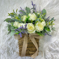 New Artificial Peony Lamb's Ear Flower Basket Wreath Plant Door Hanging Home Decor
