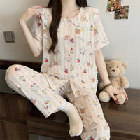 Cute Cloud Cotton Pajama Set for Women, Doll Collar Short Sleeve Top & Long Pants Homewear