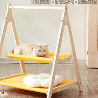 Double-Layer Triangle Cat Hammock Bed with Removable Washable Cushion, All-Season Wooden Hanging Pet Swing