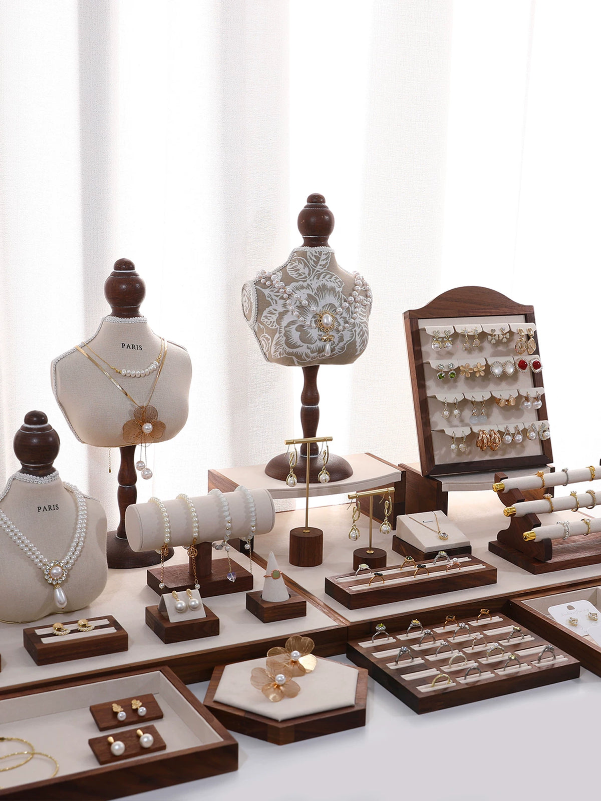 Walnut Wood Jewelry Display Stand Mannequin for Necklaces, Earrings, Bracelets, and Rings