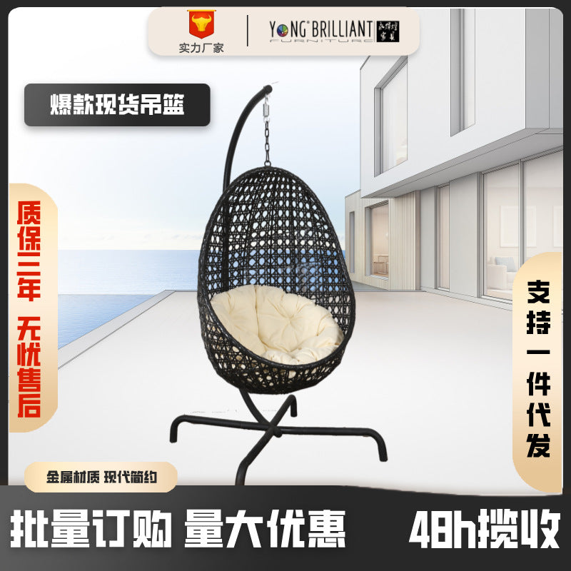 Indoor Outdoor Wicker Swing Chair with Stand, Rattan Hanging Basket Chair for Patio Garden Balcony