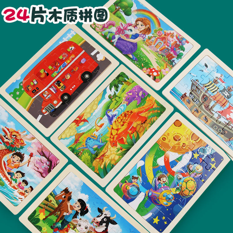 24-Piece Wooden Cartoon Animal & Dinosaur Jigsaw Puzzles for Kids, Educational Toy for Boys and Girls