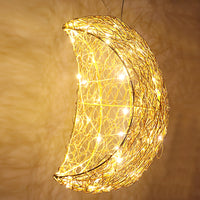 Handwoven Gold Moon Pendant Light, Flame Retardant Aluminum Lampshade for Dining Room, Bedroom, and Shops