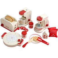 Kids Wooden Play Kitchen Appliance Set - Pretend Coffee Maker, Toaster, Blender, Oven, Juicer for Early Education
