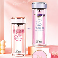 Double-Layer Glass Water Bottle with Bear Lid, 320ML, Pink
