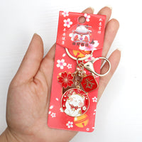 Japanese Lucky Cat Sakura Keychain Charm for Bags and Keys, New Year Fortune Cartoon Alloy Keyring