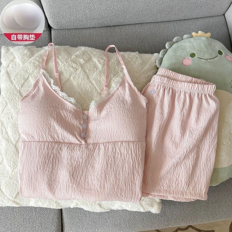 Women's Summer Floral/Plaid/Polka Dot Camisole Pajama Set with Chest Pads