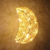 Handwoven Gold Moon Pendant Light, Flame Retardant Aluminum Lampshade for Dining Room, Bedroom, and Shops