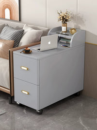 Living Room Sofa Side Table with Power Outlets, Mobile End Table with Wheels, Narrow Armrest Cabinet