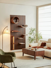 CURRY Walnut Wood Wall-Mounted Cat Climbing Frame with Integrated Cat Bed for Small Spaces