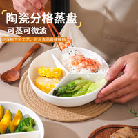 Ceramic Divided Steaming Plate with Multiple Compartments for Meal Prep and Serving