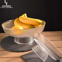 Ribbed Glass Fruit Bowl with Gold Rim, Large Capacity Decorative Serving Dish for Home & Commercial Use