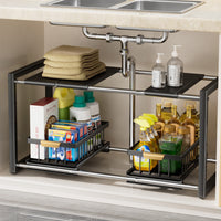 Under-Sink Pull-Out Storage Rack for Kitchen Cabinets, Expandable 2-Tier Organizer for Pots and Pans