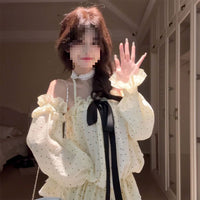 Elegant Off-Shoulder Big Bow Top & Polka Dot Skirt Set with Detachable Sleeves