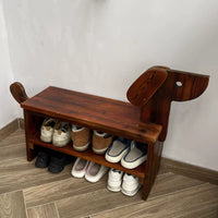 Solid Wood Outdoor Shoe Changing Bench with Storage and Decorative Dog Design, Waterproof & Mildew Proof