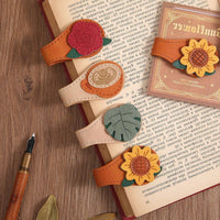 Magnetic Leather Bookmark with Embroidered Floral Design