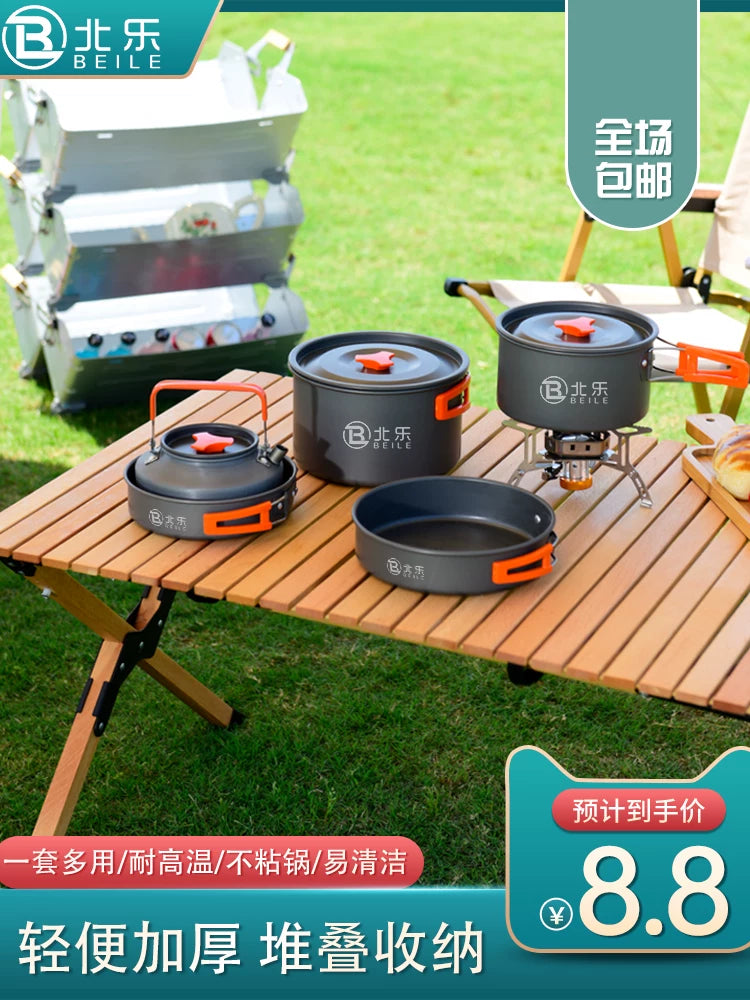 Portable Outdoor Camping Cookware Set with Kettle and Frying Pan for Backpacking and Picnics
