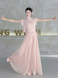 Classical Dance Gauze Top for Women - Elegant Mesh Practice Wear with Flutter Sleeves