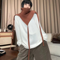 High-Neck Scarf Shawl with Ribbons, Knitted Warm Neck Warmer, Versatile Solid Color Fake Collar for Women