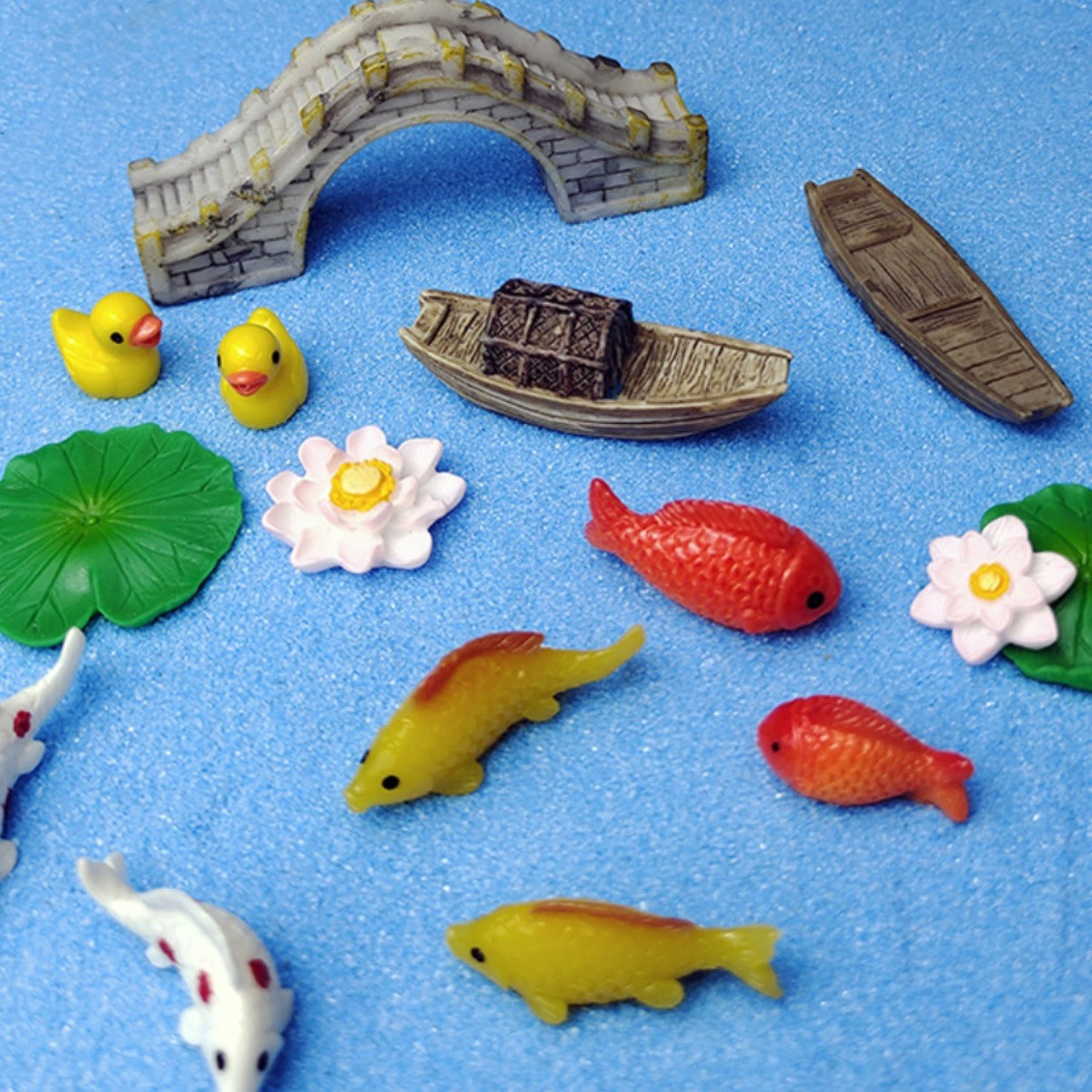 Miniature Landscape DIY Lotus Pond Ecosystem Kit with Fishing Boat and Fish Figurines