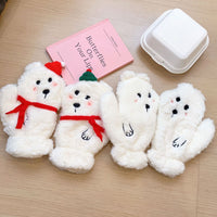 Women's Winter Lambswool Lined Warm Cartoon Plush Gloves with Neck Strap for Cycling
