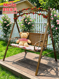 Outdoor Patio Wrought Iron Double Swing Chair with Stand, Garden Balcony Hanging Basket Hammock