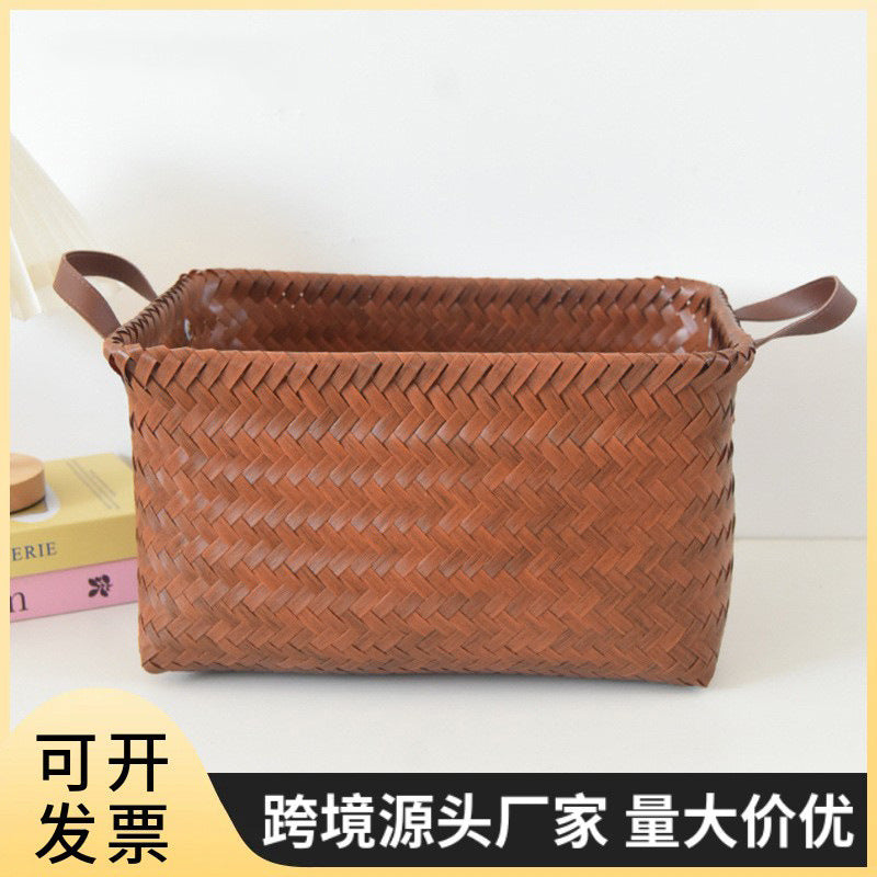 American Retro Woven Storage Basket with Handles, Imitation Rattan Laundry Hamper for Dirty Clothes, Snacks, Toys