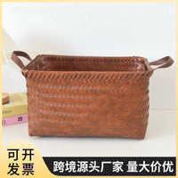 American Retro Woven Storage Basket with Handles, Imitation Rattan Laundry Hamper for Dirty Clothes, Snacks, Toys
