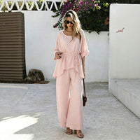 Women's Crinkled Tie-Waist Wide-Leg Pants and Top Set