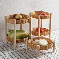 Handwoven Rattan-Style Double-Layer Fruit Basket with Wooden Stand for Living Room Snacks & Afternoon Tea
