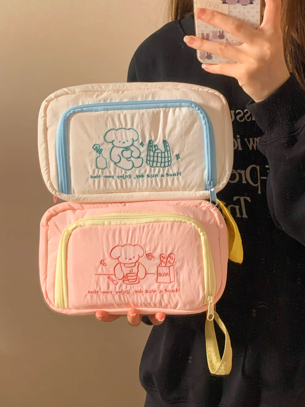 Cartoon Embroidered Large Capacity Portable Travel Cosmetic Bag with Compartments