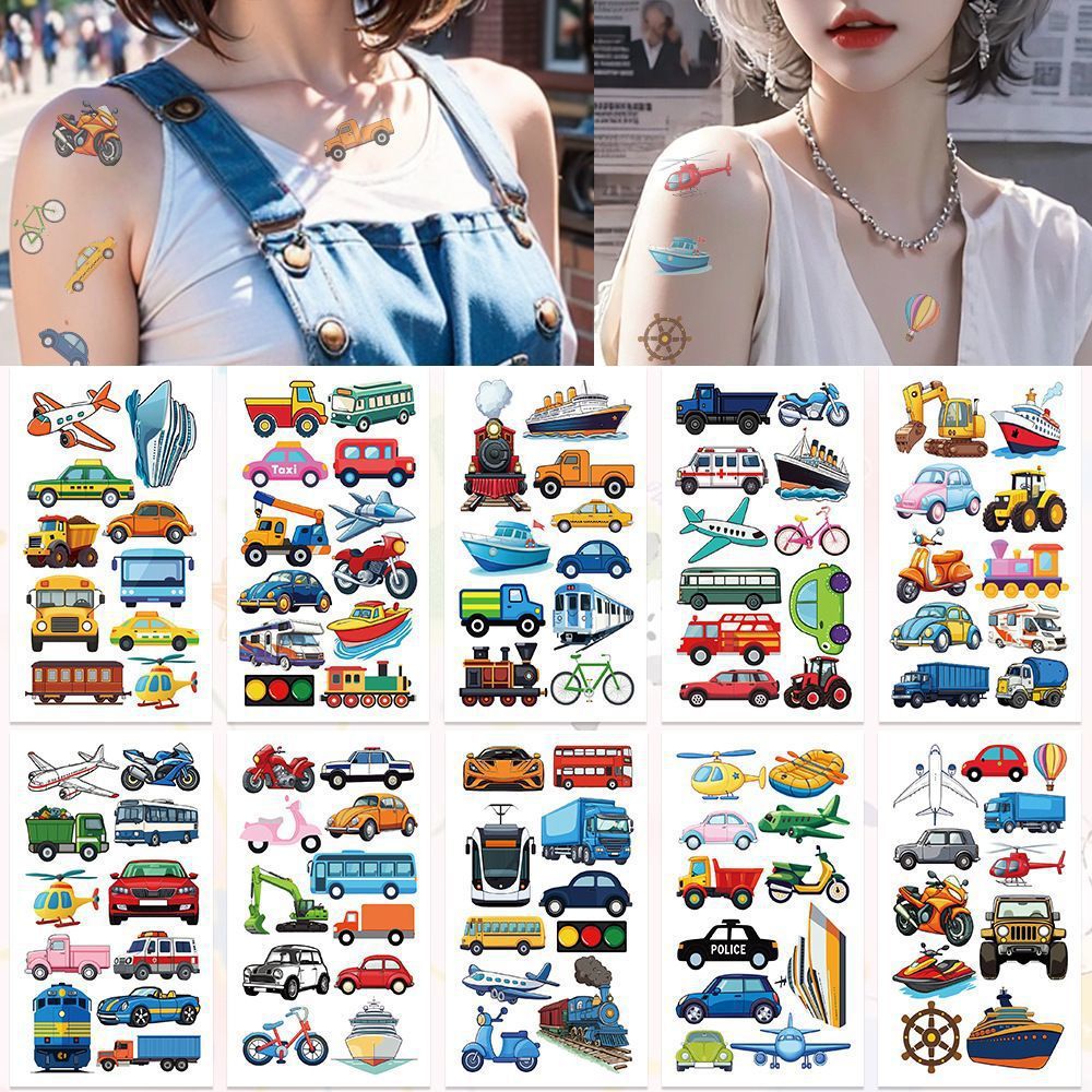 Kids' Temporary Transport Vehicle Tattoos - Cartoon Car, Boat, Plane Designs
